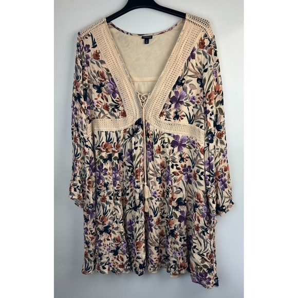 Torrid Mini Gauze Lace-Up Skater Dress Bell Sleeve Floral Plus Size 3 3X Boho - Picture 2 of 16